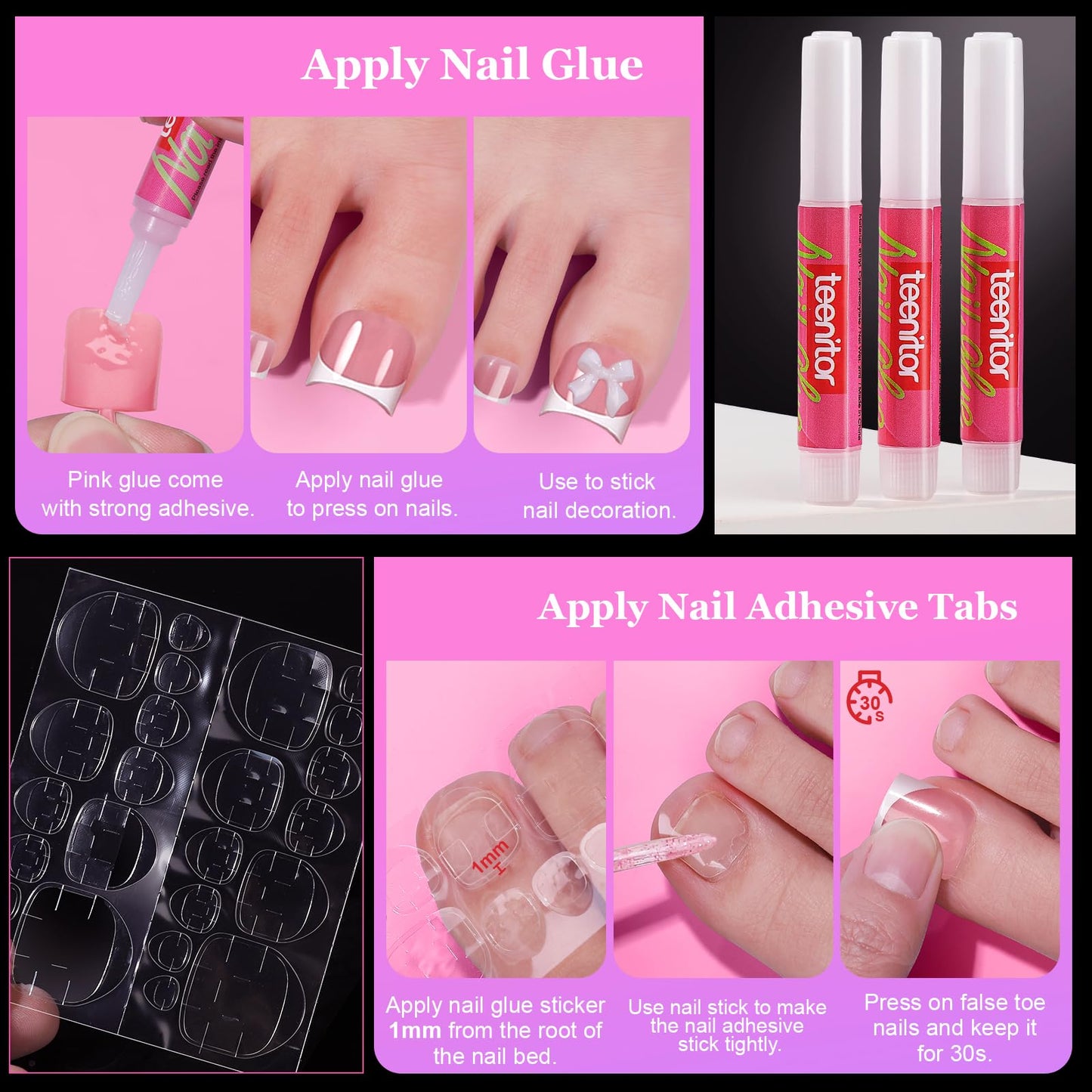 Teenitor Square Toe Nail Press Ons, 150pcs French Tip Press on Toenails with Nail Glue, Thick Toe Press on Nails Fake Toe Nails for Women, 15 Sizes Toe Nails Glue on with Nail Charms for DIY