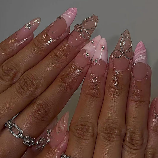 RIICFDD 24 Pcs Medium Almond Press on Nails Pink Fake Nails Star Nails Press ons 3D Water Ripple Glue on Nails Bow Rhinestone Nail Charms Full Cover Glossy Acrylic Nails for Women French Nails