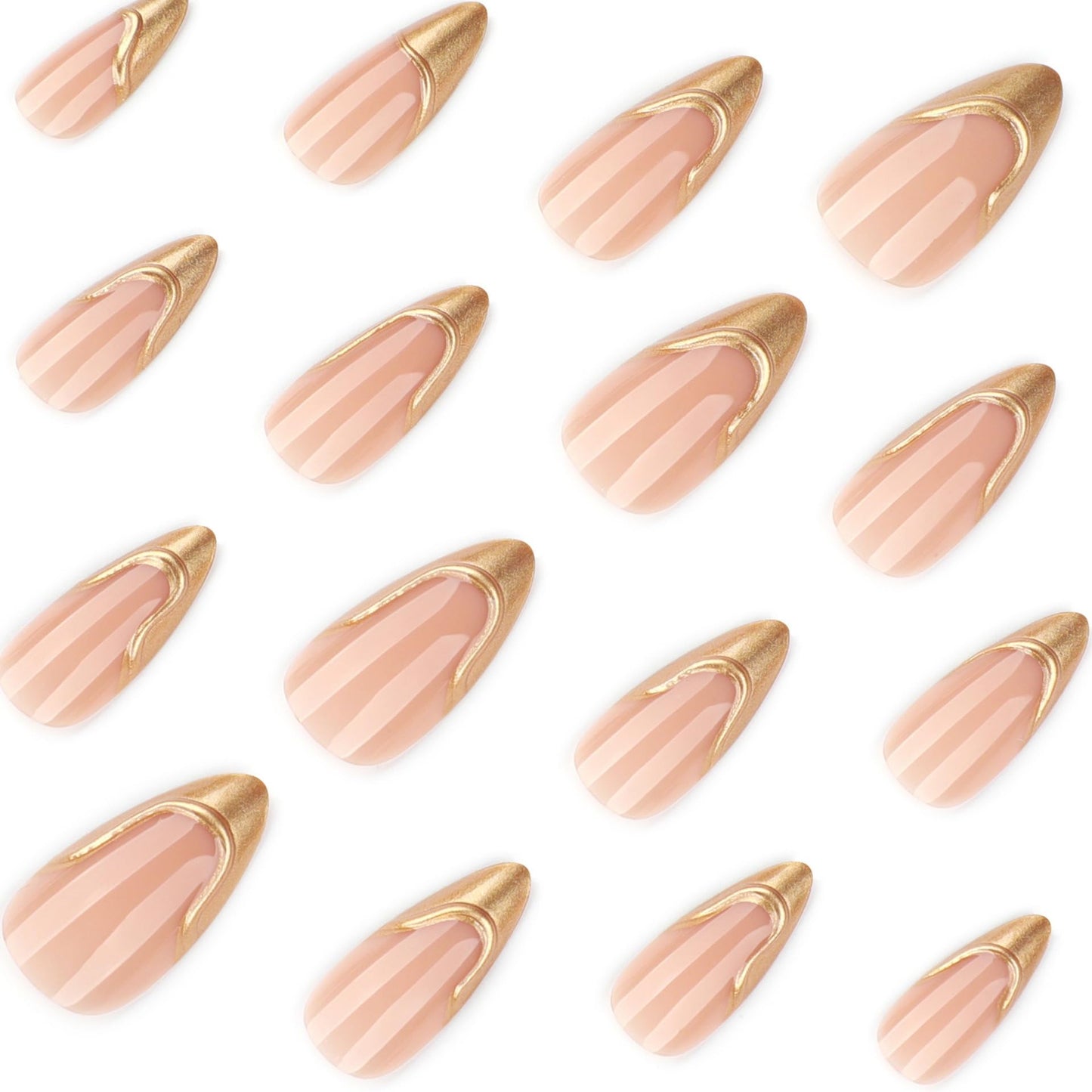 Medium Press on Nails Almond - Gold Fake Nails with 3D Design - French Tip False Nails Press ons - for Women 24 Pcs