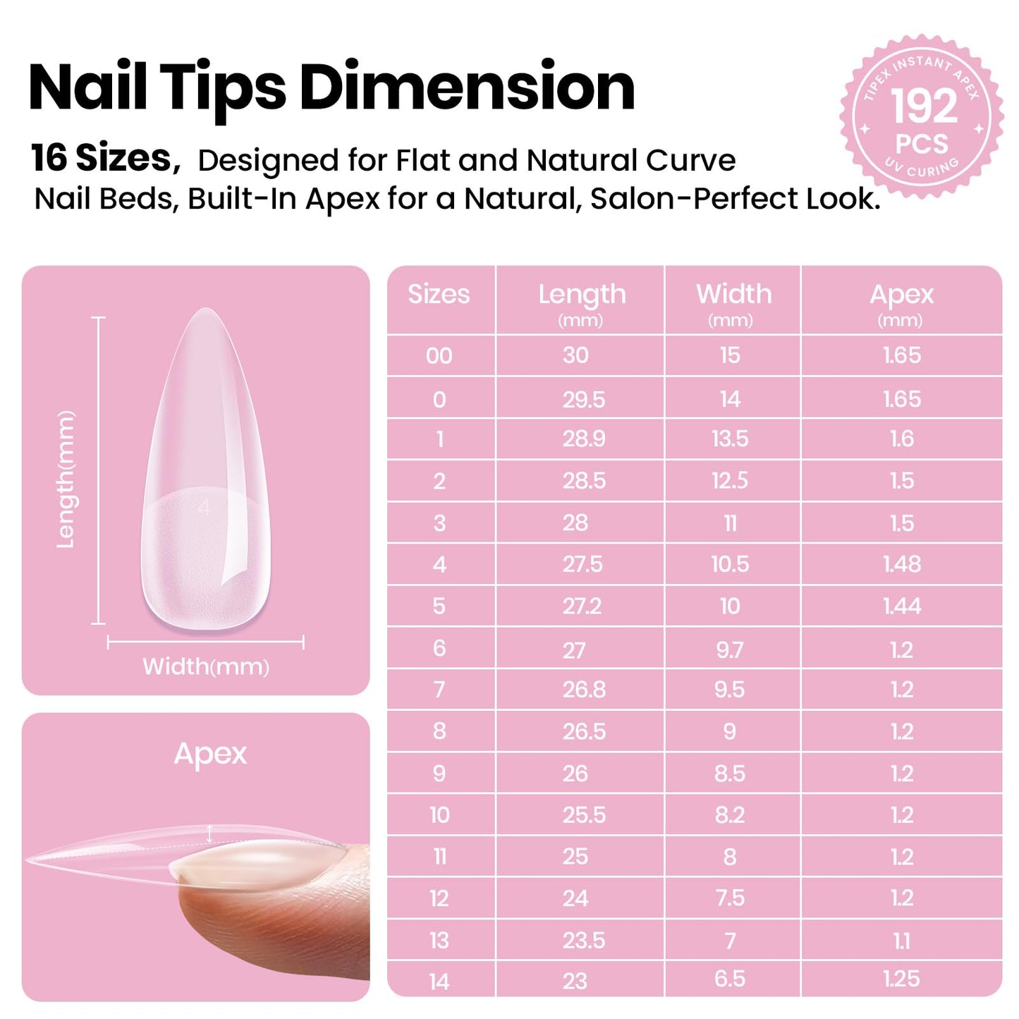 Beetles Tipex Lite Apex Nail Tips Kit, Stiletto Medium,192pcs 16 Sizes, with UV Nail Glue, Base & Top Coat, Mini Nail Lamp, Nail Clipper & Cuticle Nipper, Pre-Building Pre-Etched