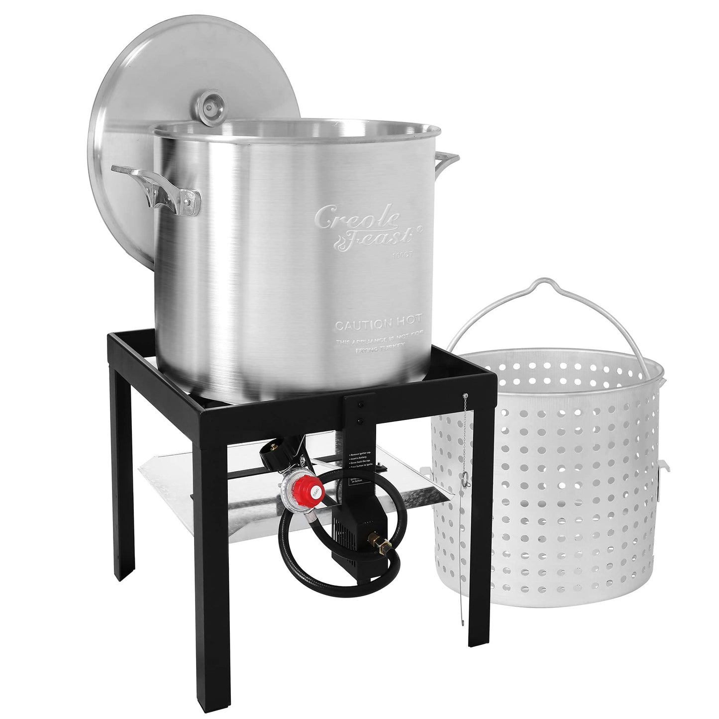 Creole Feast SBK1001 100 Qt Seafood Boiling Kit with Strainer, Outdoor Seafood Boil Pot and Basket with 100,000 BTUs Propane Burner and 10 PSI Regulator, Black & Silver