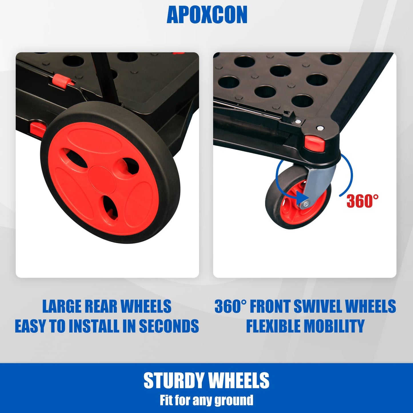 APOXCON Collapsible Shopping Cart with 2 Storage Crates 2-Tier Portable Utility Cart with Swivel Wheels 200lb Capacity Heavy Duty Folding Trolley for Shopping Office Warehouse Catering (Red)