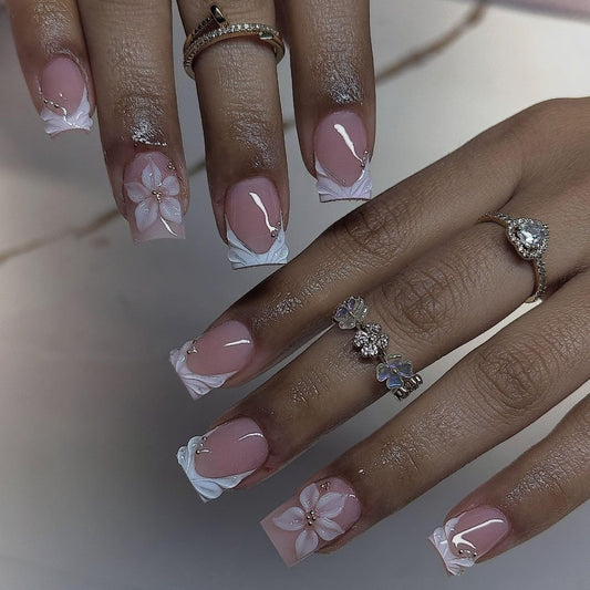 French Press on Nails Short Square White Fake Nails 3D Pink Flower Nail Press Ons with Gold Pearl Design Gold Nail Tip False Nails Spring Summer Stick on Nails Full Cover Glue on Nail for Women