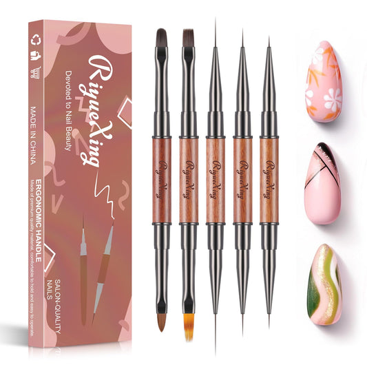 RIYUEXING Nail Art Bushes Set - Professional 5Pcs Double-Ended Nail Brush for Art, Long Lines, Ombre & 3D Design Nail Brush Pen for Gel Polish Manicure DIY Home Salon