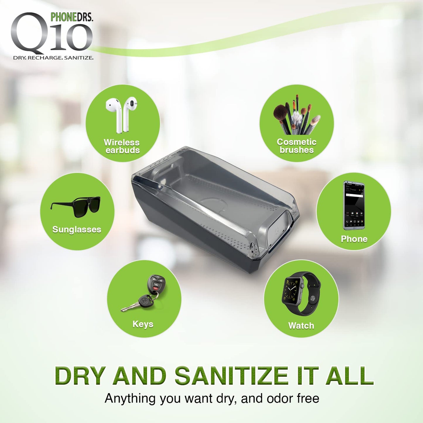 PHONEDRS Q10 UV-C Cell Phone Sanitizer with Dryer and Qi Wireless Charging | Cleans, Dries and Charges All Phones