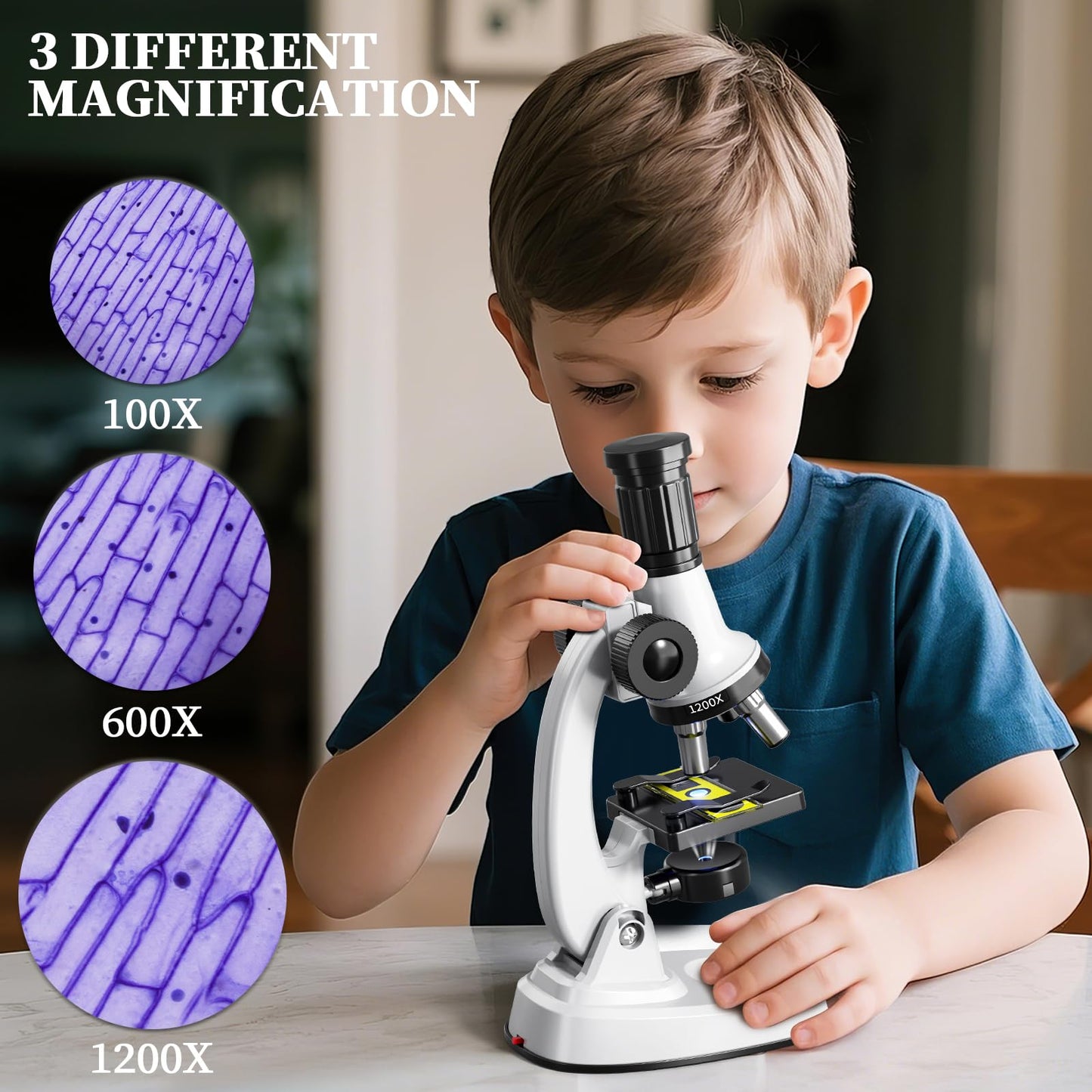 Novaluki 65 Pieces Microscope Kit for Kids Ages 5-7 8-13, 100X-1200X Magnification with 7 Colors of LED Lights and 12 Prepared Slides, Science Experiment STEM Kits for Boys and Girls Age 8-12 Years