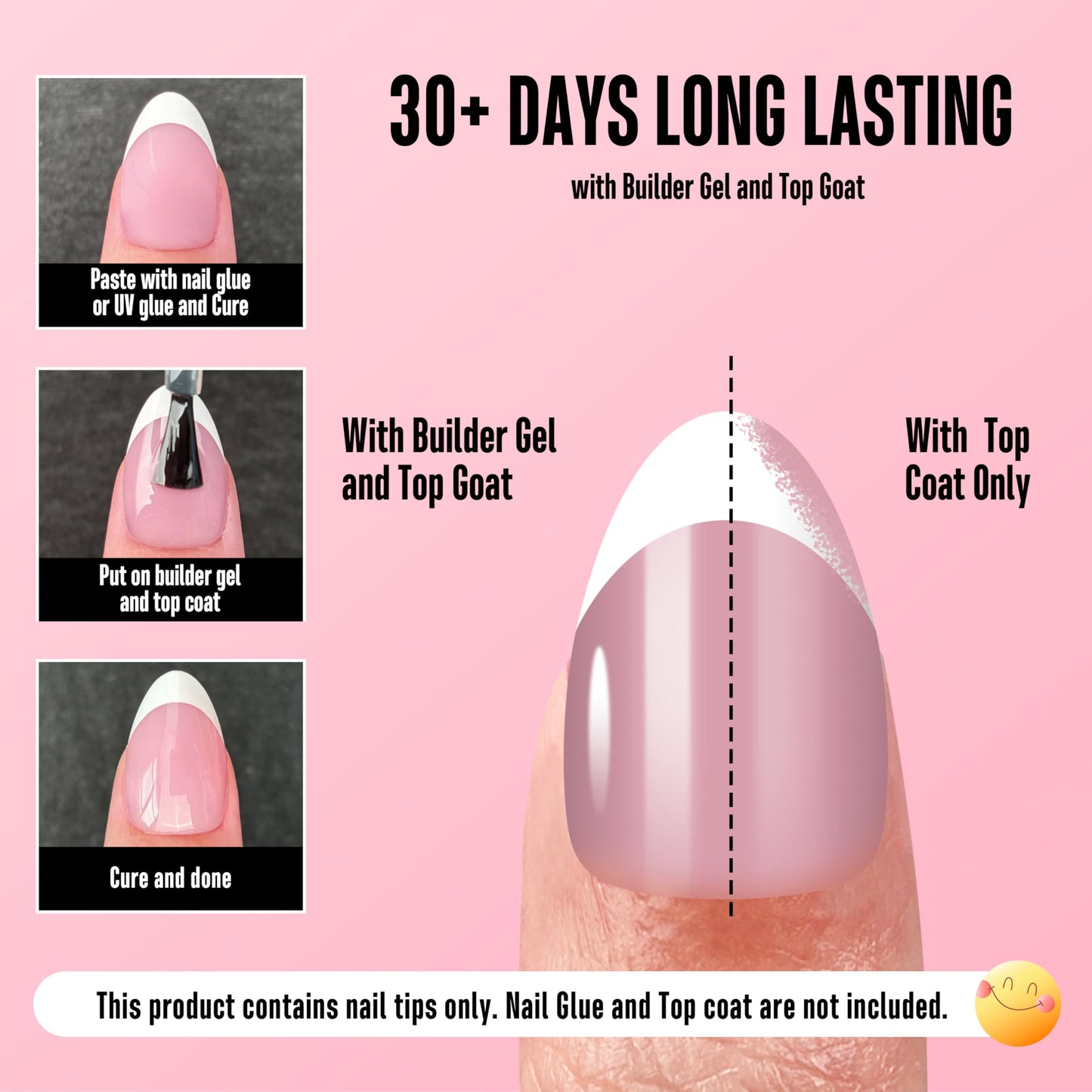 NOVO OVO Almond Short White French Tip Nail Tips Press on BERRY PINK, Extra Thick Full Cover False Fake Nails, Need Builder Gel Top Coat & Glue, for Salon DIY Acrylic Extension x 16 Sizes 224 pcs