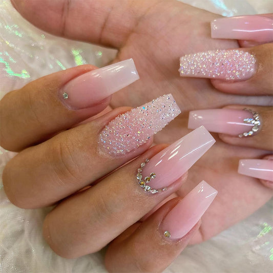 Jremg Pink Press On Nails - Long Square Coffin Fake Nails, Pink White Ombre, Full Cover Acrylic, Glossy Gradient False Nails with Design Rhinestone, Stick On Nails for Women Girls Manicure, 24Pcs
