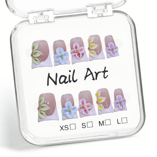 10Pcs Duck-shaped Handmade Press on Nails Luxury 3D Colorful Flower Fake Nails Designs White French Style Decor Short Handmade Flower False Nail Salon Quality Thicked Acrylic Nails for Women (M)