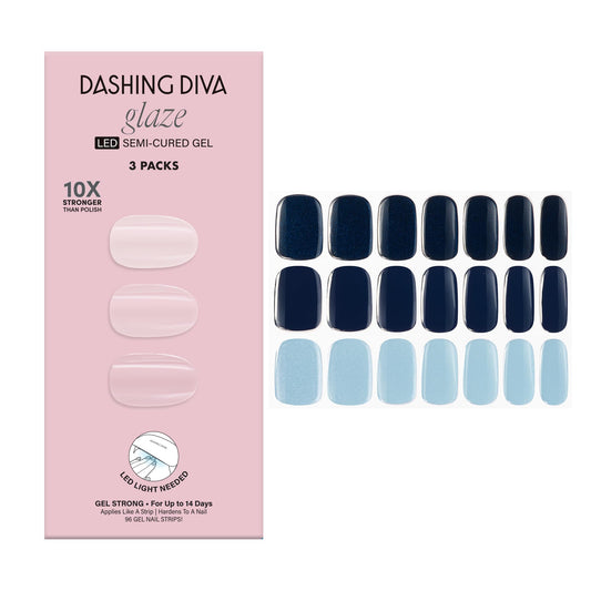 Dashing Diva Glaze Nail Strip 3-in-1 Kit - Best of Blues - Long Lasting, Chip Resistant, Semi-Cured Gel Nail Strips - Contains 96 strips, 3 prep pads, 3 manicure sticks, 1 nail file