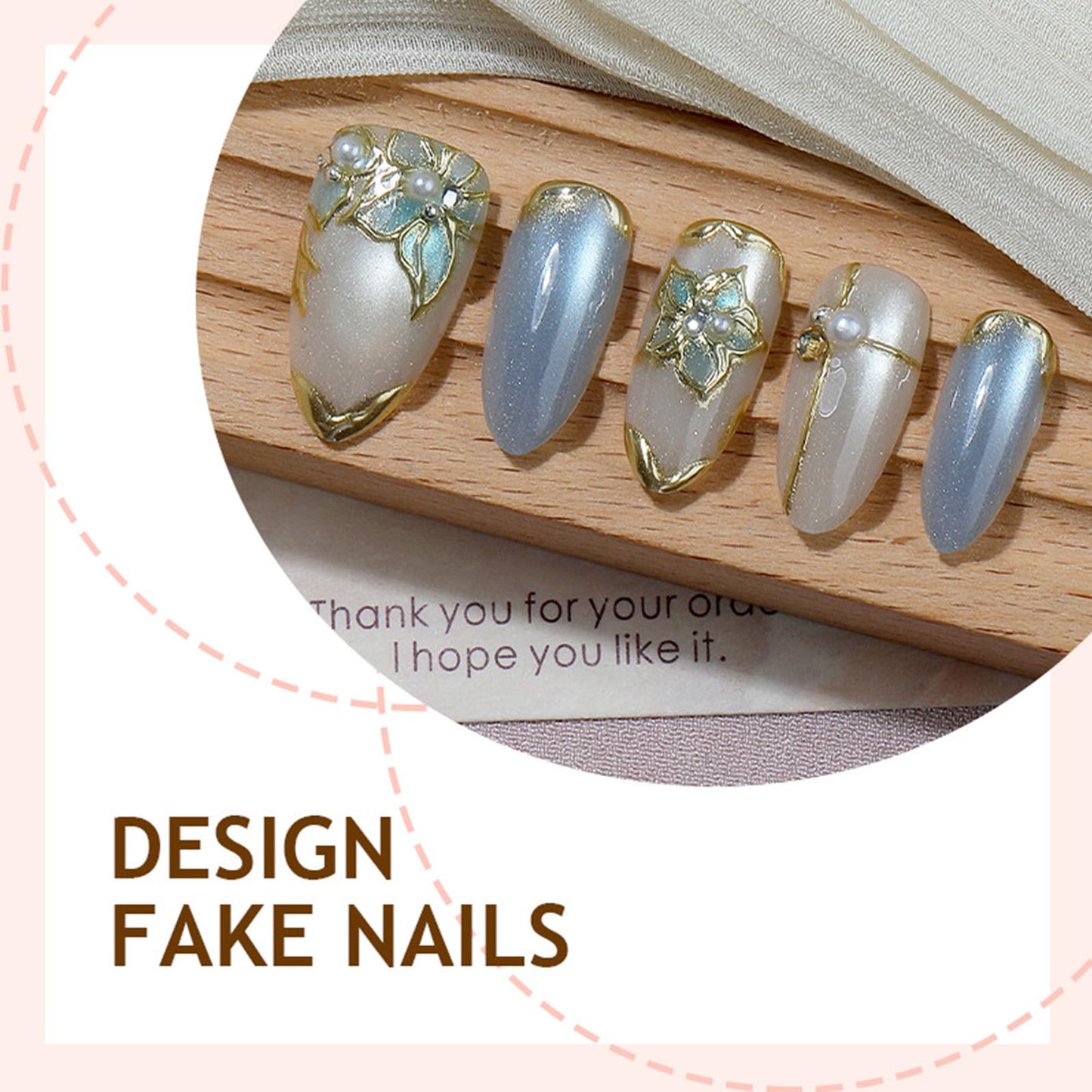 3D Flower Press on Nails with Gold Line Design Floral False Nails Glossy Blue Glitter Medium Almond Fake Nail French Tips Stick on Nail Curve Line Glue on Artificial Fingernails for Women Daily Wear