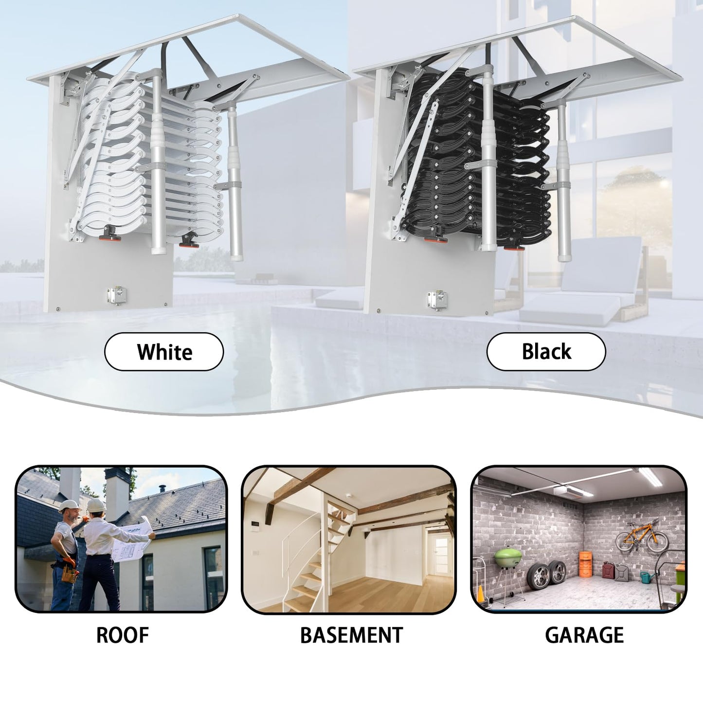 Ceiling Mount Attic Ladder, Retractable Attic Ladder Ceiling Pull Down System, 12 Steps Folding Loft Step with Armrests, Hidden Mount Attic Extension Stairs for Garage(White, Step 12)