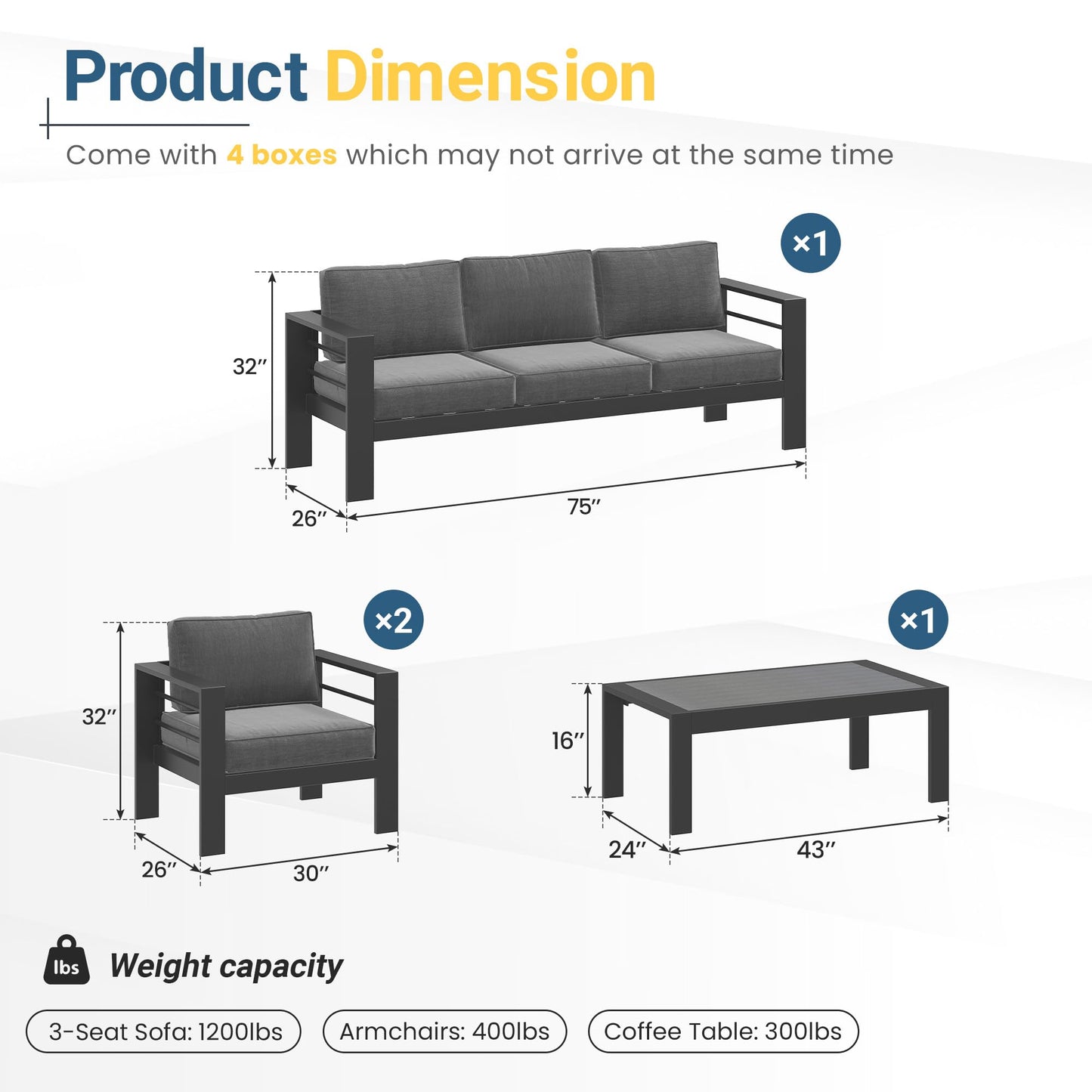 Solaste Aluminum Patio Furniture Set for All Weather, Oversized Metal Outdoor Furniture Set with 27.5" Deep Seating and 3.2" Wide Armrest, Outdoor Patio Conversation Sets with 10" Back Cushion, Gray