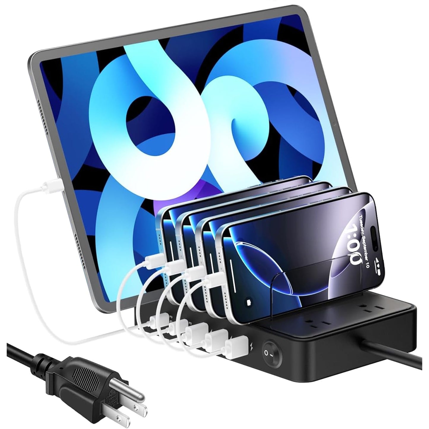 85W Charging Station for Multiple Devices,7 Port USB Charger Stations with 2 AC, 2 USB C, 3 USB A,Family Multi-Device Organizer Charging Dock -Designed for iPhone iPad Android Cell Phone Tablet,Black
