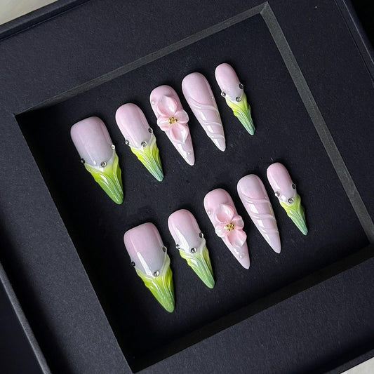 Luxury Press on Nails Long Stiletto Handmade Unique Reusable ABS Material Fake Nails Green French Tip False Nails with Designs 3D Flower Art Petal Glossy Glue on Nails Thick Acrylic Nails(S)