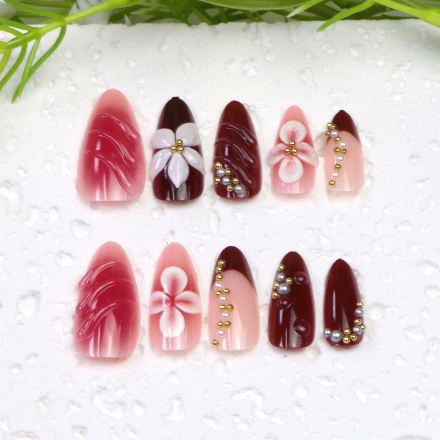 Press on Nails Almond Medium Fake Nails Blush Acrylic Nail 3D Water Ripples Pearls Flowers Designs French Glue on Nails Press ons Brown Stick on Nails for Women 24Pcs