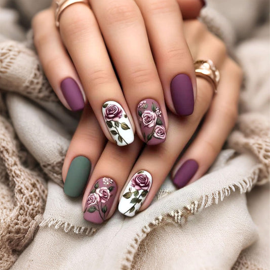 24Pcs Press on Nails Medium Square Fake Nails with Purple Flower Green Leaves Designs Matte Nails Press ons Square Medium Glue on Nails Acrylic Artificial Stick on Nails for Women