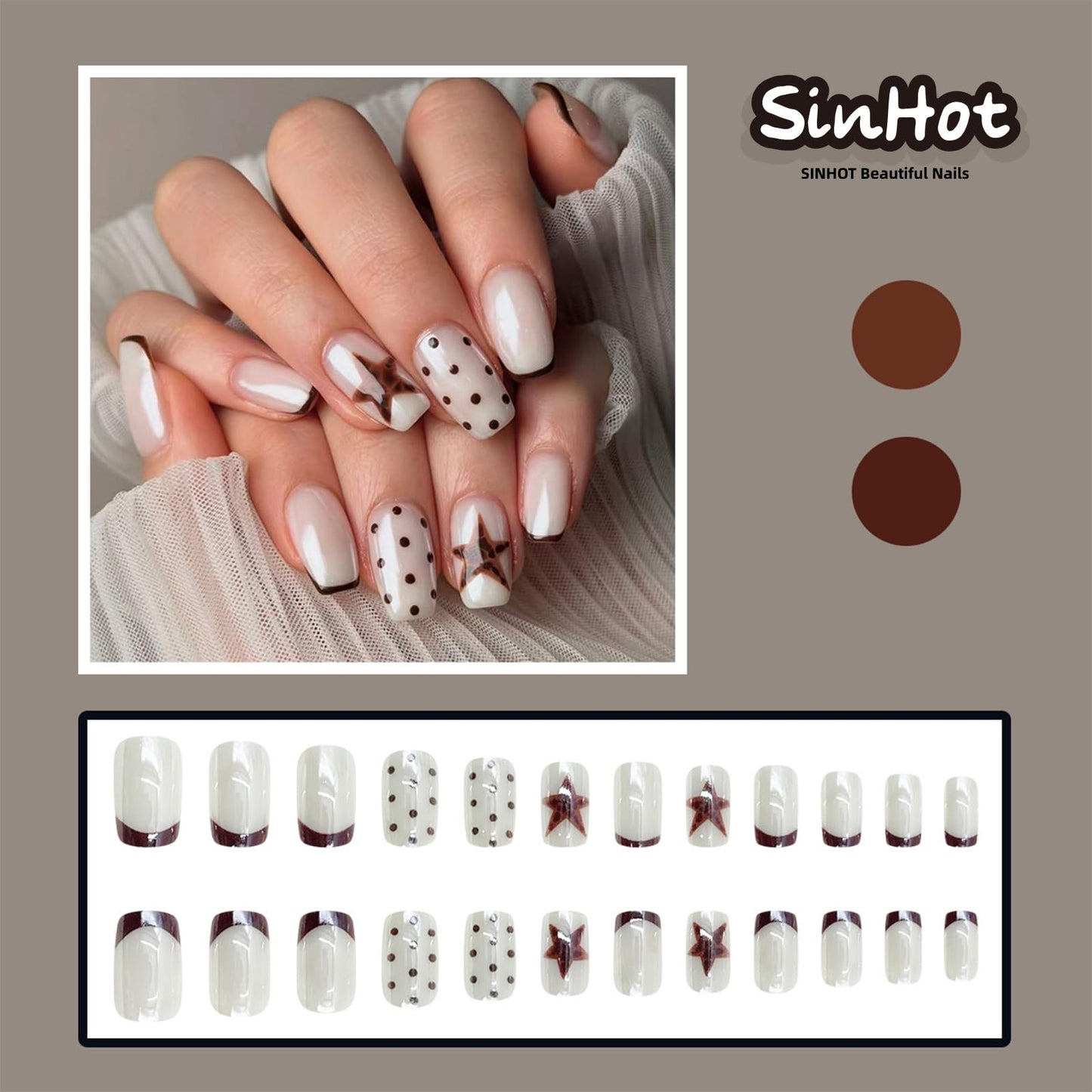SINHOT Coffin Press on Nails - Medium Fake Nails, Glossy Finish, Polka Dot & Brown Star, Reusable Artificial False Nail Art - 24 Pcs Nail Kit with Glue