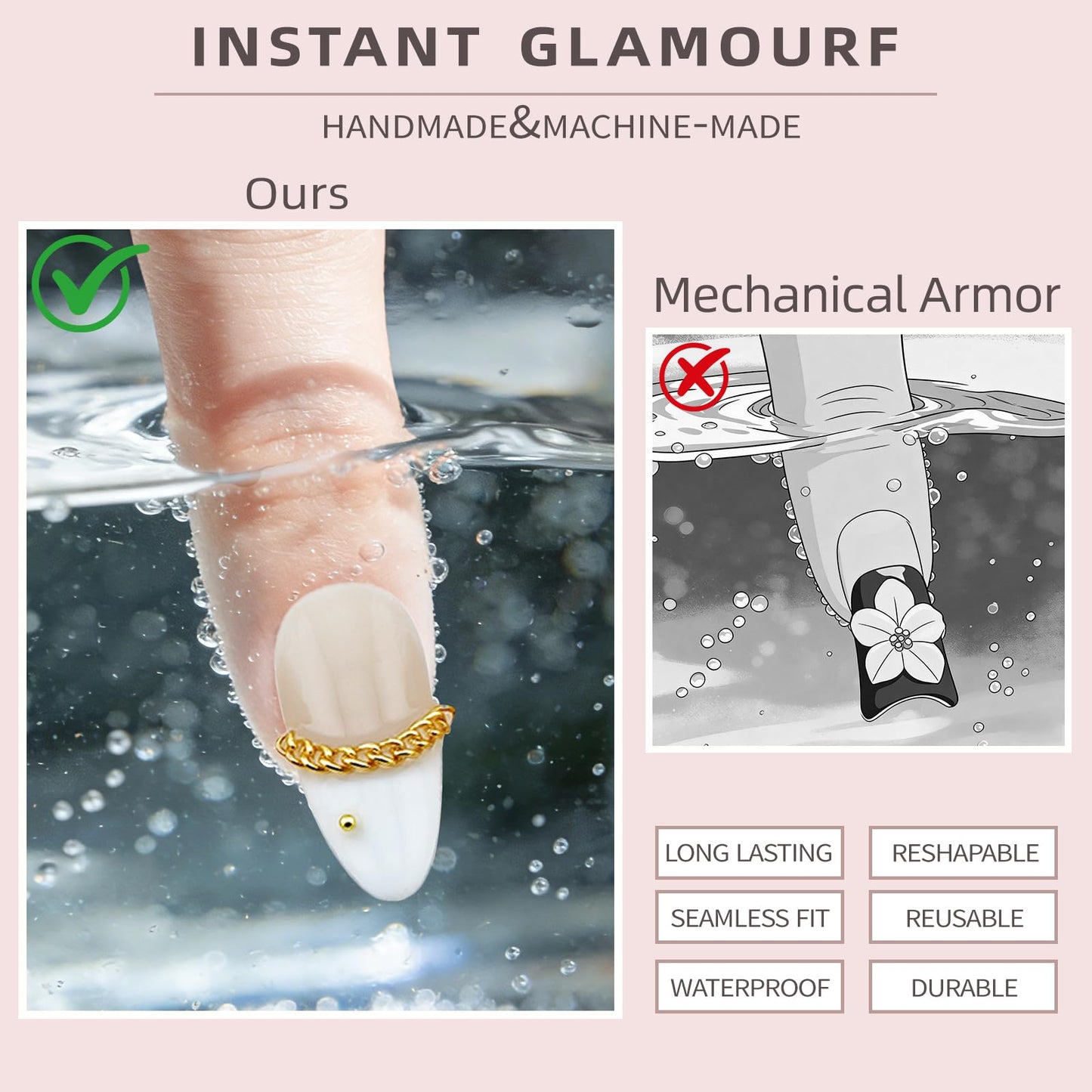 Luxury Handmade Press-On Nails – Medium Almond 3D Flower & Pearl French Tip, Blue Ocean Spring Pattern Reusable Acrylic False Nails (S-10PCS)