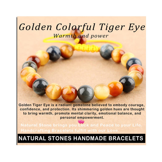 AD Beads 8mm Golden Colorful Tiger Eye - Warmth and power - Handmade Natural Stone Crystal Bracelet with Adjustable Macrame String - Yoga Healing Power Energy Gifts for Men and Women