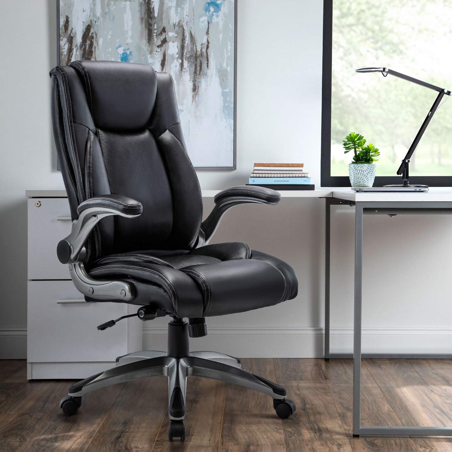 MALOL Executive Office Ergonomic Chair with Thick Bonded Leather, Flip-up Armrests, High Back Adjustable Height and Tilt for Working, Study, Gaming