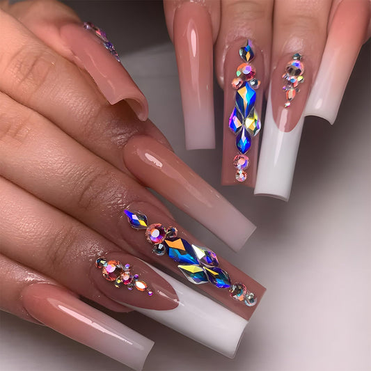 IMRAIN Long Square Press on Nails White French Tips Fake Nails with Rhinestone Designs Glossy Nude Glue on Nails Acrylic Squoval False Nails Full Cover Acrylic Artificial Nail Supplies 24Pcs
