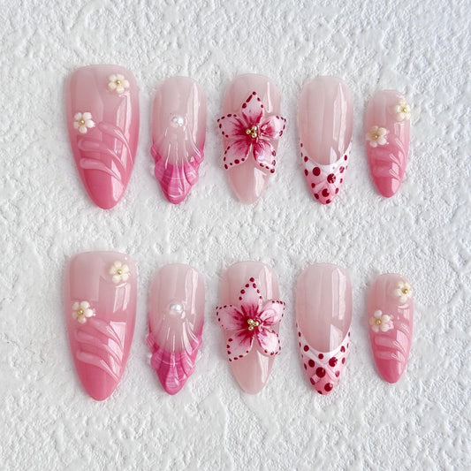Luxury Press on Nails Medium Almond Handmade 3D Unique Reusable ABS Material Fake Nails Pink False Nails with Designs Floral Art Petal Glossy Glue on Nails Thick Acrylic Nails(S)