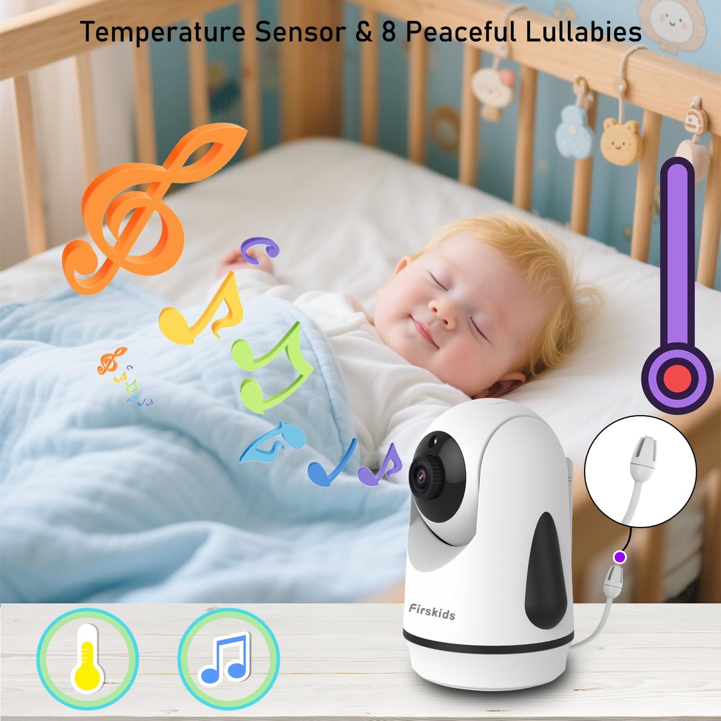 Firskids Baby Monitor no WiFi Needed, Long Range Baby Monitor with Camera and Audio, Pan-Tilt-Zoom Baby Camera Auto Night Vision VOX Lullabies 2-Way Audio