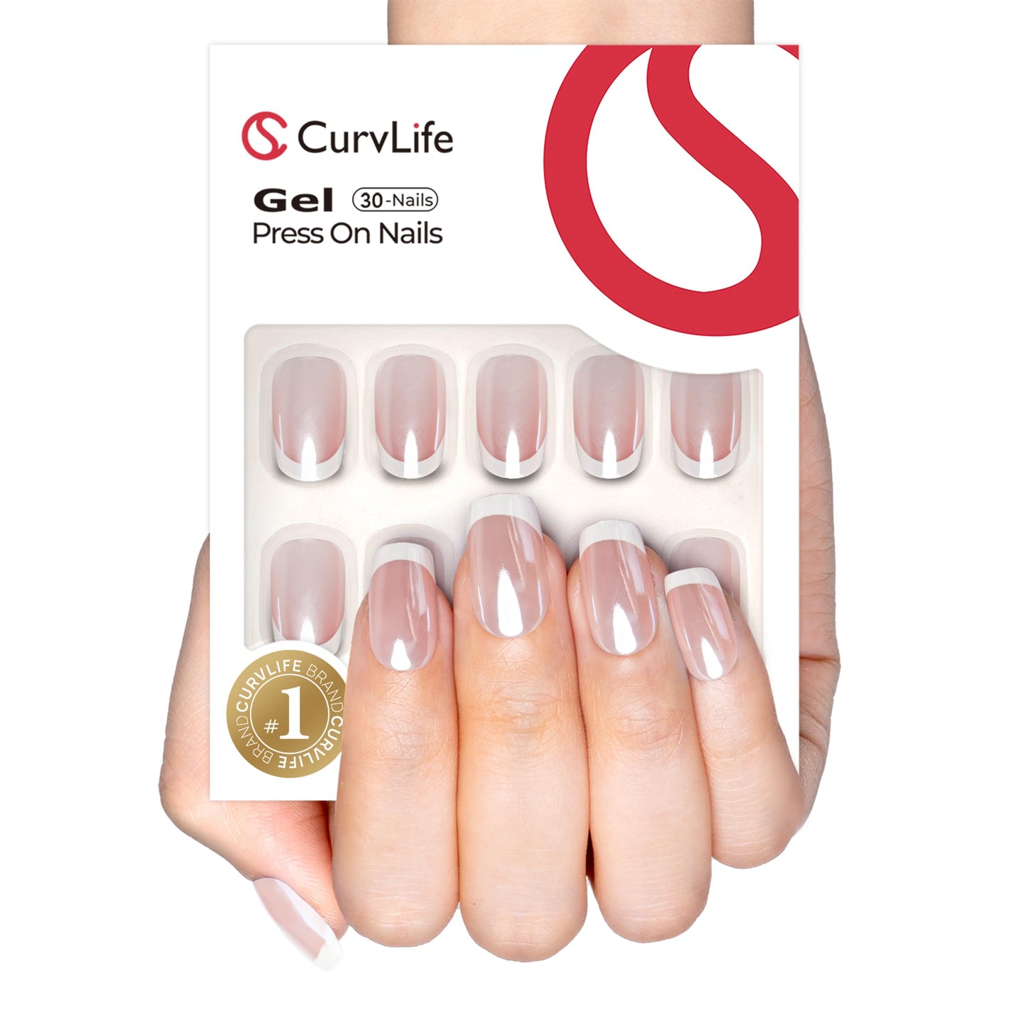 CurvLife Press on Nails 30pcs Short Square Acrylic Aurora French Fake Nails with Apricot Design Full Cover False Nails Glossy Nude Artificial Stick on Nails for Women