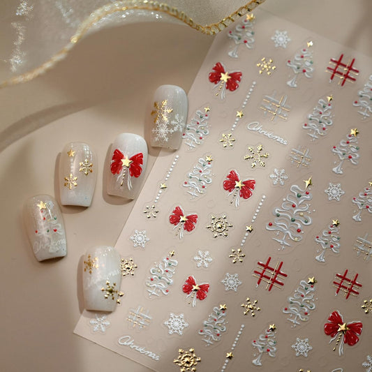 Christmas Nail Art Stickers Red Bow Nail Stickers 5D Embossed Gold Snowflake Nail Decals Christmas Tree Self Adhesive Nail Art Supplies for Women Girls DIY Nail Art Decorations 1 Sheet