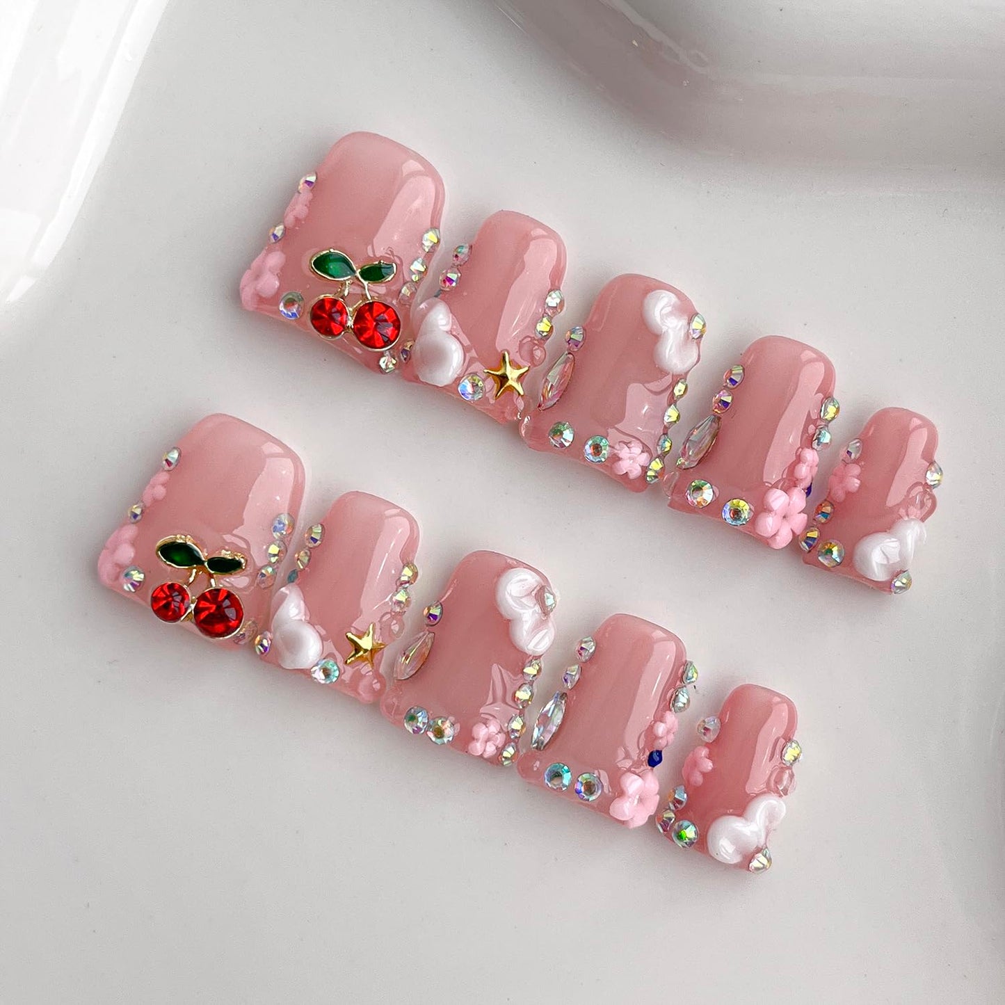 Handmade Press on Nails Short Duck French Tip Thick Acrylic Fake Nails 3D Floral False Nails with Cherry Rhinestones Charms Designs Nude Pink Sturdy Nail Art Press on Nails 10Pcs(S)