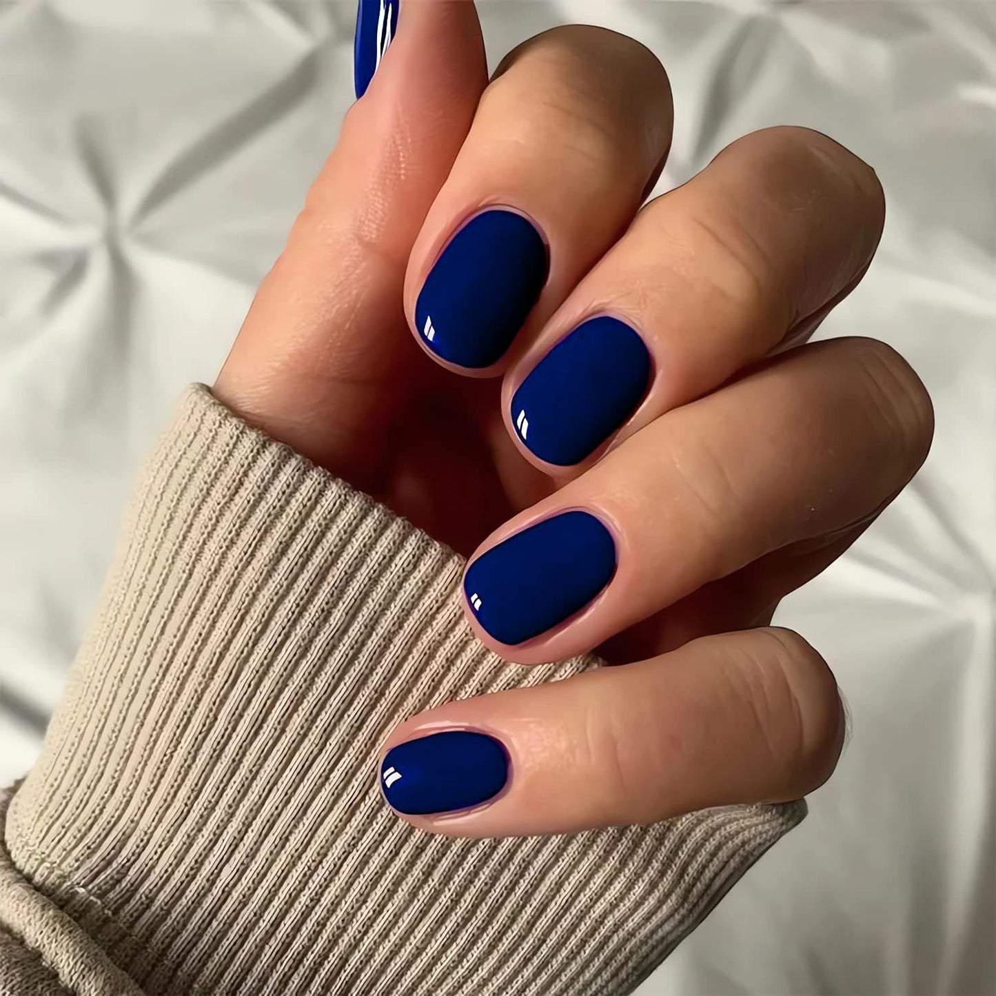 Royal Blue Press on Nails - iBeautying False Nails - Dark Blue Solid Finish Finger Daily Wear Nail - Medium Short Square Acrylic Reusable Fake Nails 24pcs