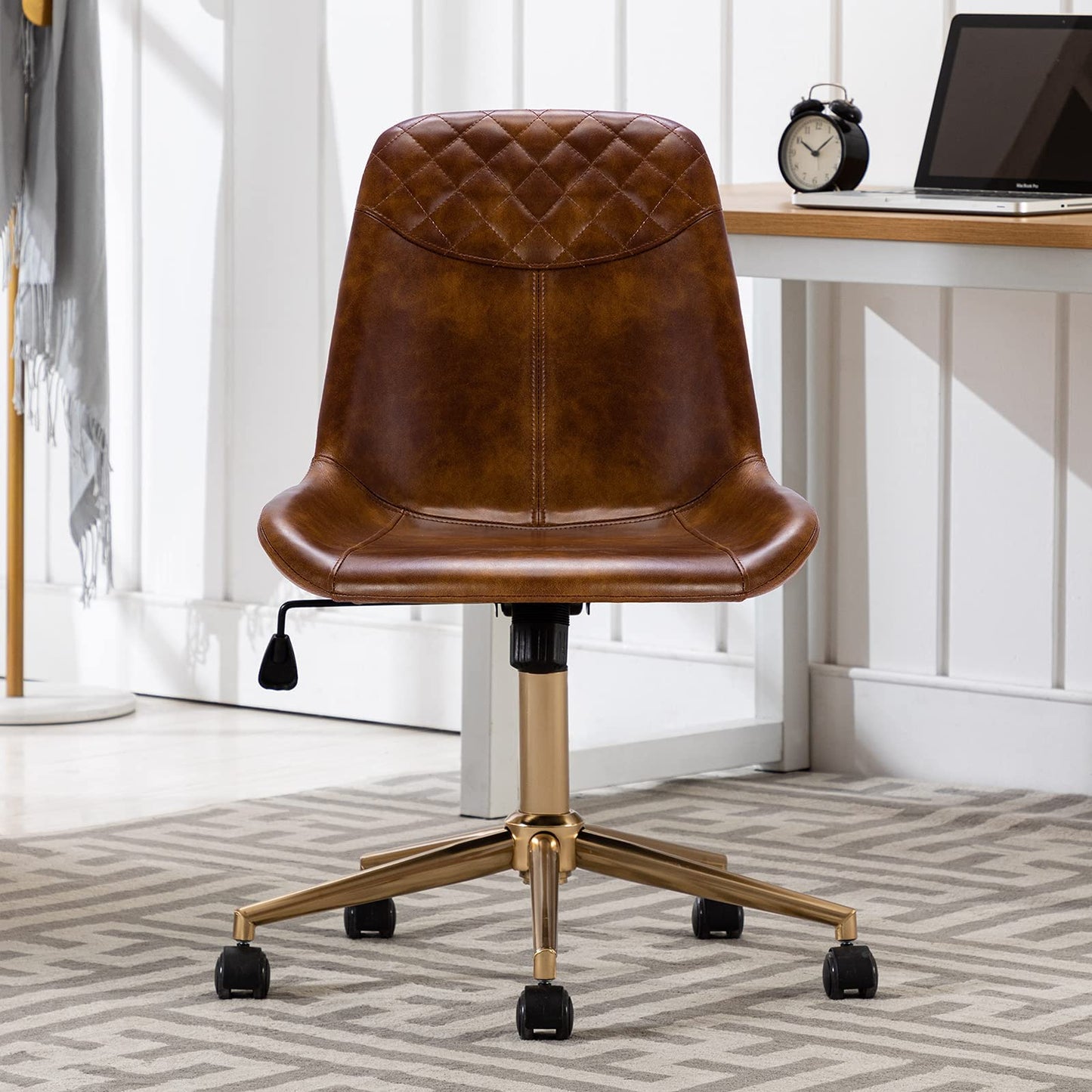 DUHOME Modern PU Leather Office Chair Desk Chair Swivel Computer Chair with Gold Base Yellowish-Brown