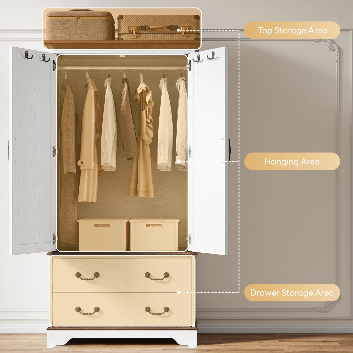 LIKIMIO Armoire Wardrobe Closet with Mirror, 70.1" Wooden Clothing Storage Cabinet with 2 Doors & 2 Drawers, Modern Bedroom Freestanding Wardrobe Combination with Hanging Rod, Cherry with White