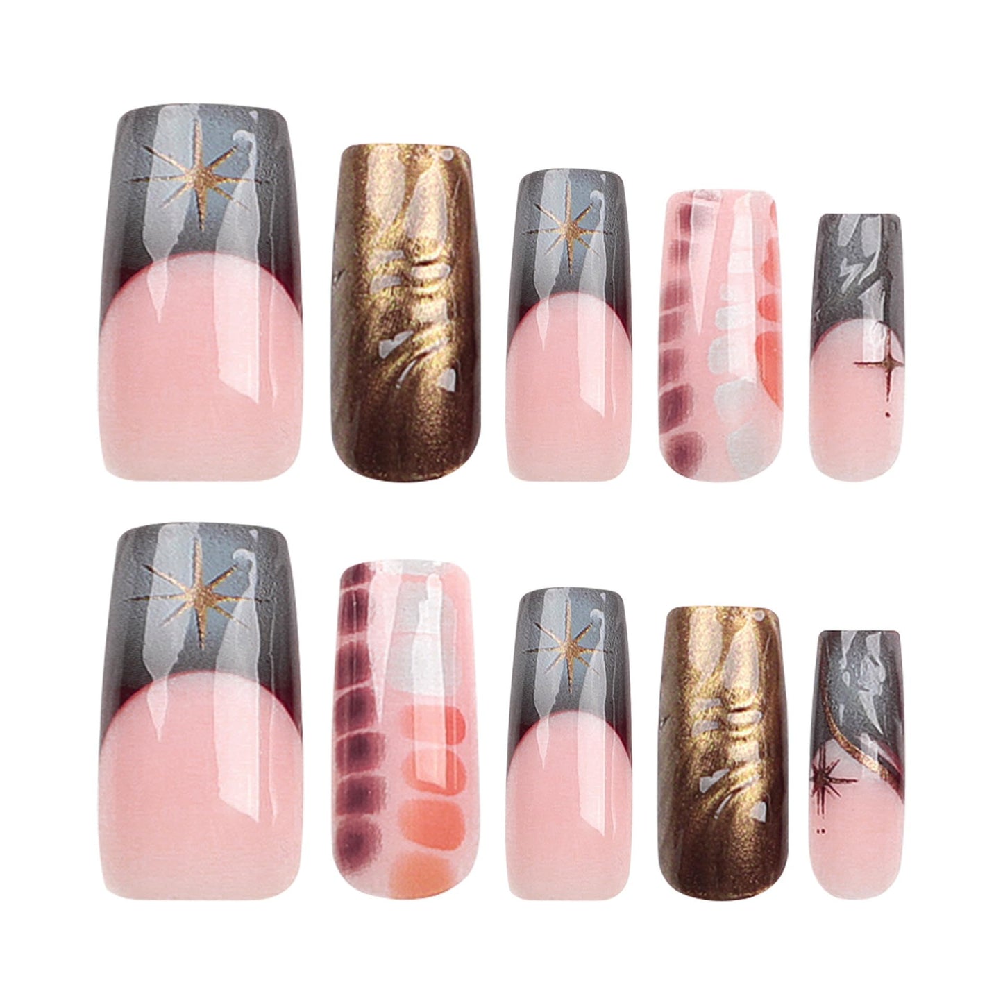 CTTHNBD Long Press on Nails Square - Brown Fake Nails with Water Wave Design - French Tip Stick on False Nails - for Women 24 Pcs