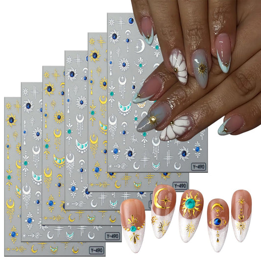 6 Sheets Hot Stamping Gold & Silver Star Nail Art Stickers 3D Self -Adhesive Moon Stars Nail Decals Holographic Pendant Vintage Moon Nail Stickers Unique Nail Decoration for Women Manicure Supplies