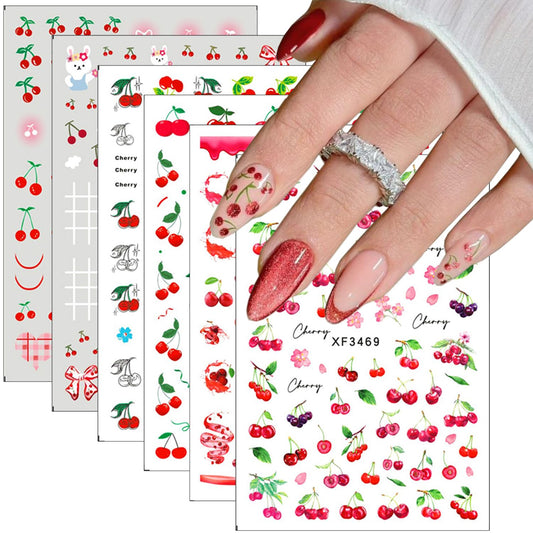 6Sheets Cherry Nail Art Stickers Decals Summer Fruit Nail Stickers 3D Self-Adhesive Strawberry Bow Nail Art Design Supplies Cute Fruits Rabbits Nail Decals for Women and Girls Acrylic Nails Decoration