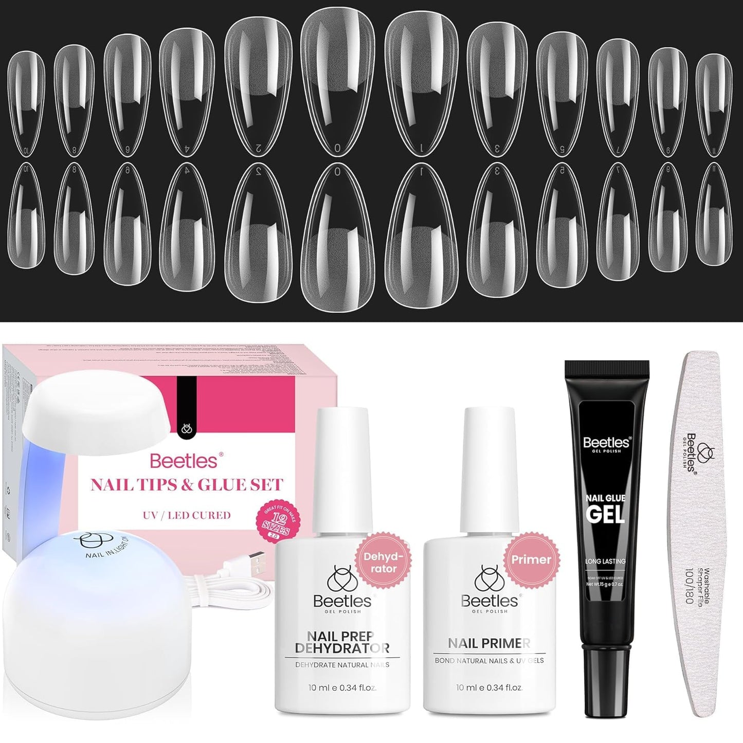 Beetles Gel Nail Kit Medium Almond with Dehydrator and Primer, 576Pcs Half Matte Etch-X Gel Nail Tips Solid Glue Mini Lamp Acrylic Nail Tips Easy DIY Nail Extension Set Gift for Women