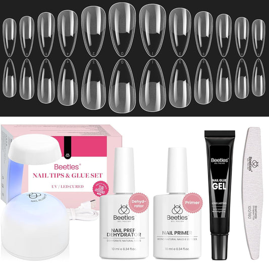 Beetles Gel Nail Kit Medium Almond with Dehydrator and Primer, 576Pcs Half Matte Etch-X Gel Nail Tips Solid Glue Mini Lamp Acrylic Nail Tips Easy DIY Nail Extension Set Gift for Women