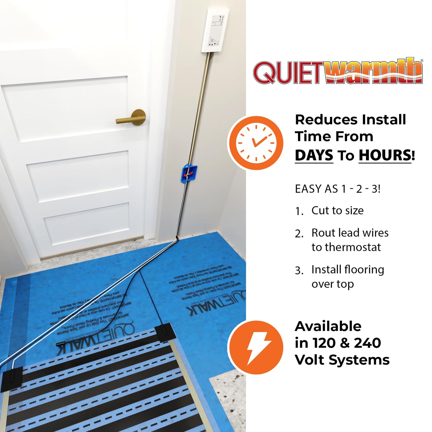 QuietWarmth Float QWARM3x5F240 Radiant Floor Heating Mat for Below Laminate, Wood, Luxury Vinyl Floating Flooring- Cuttable Mat Size 3'x5' 240 Volt (Covers 15sf)