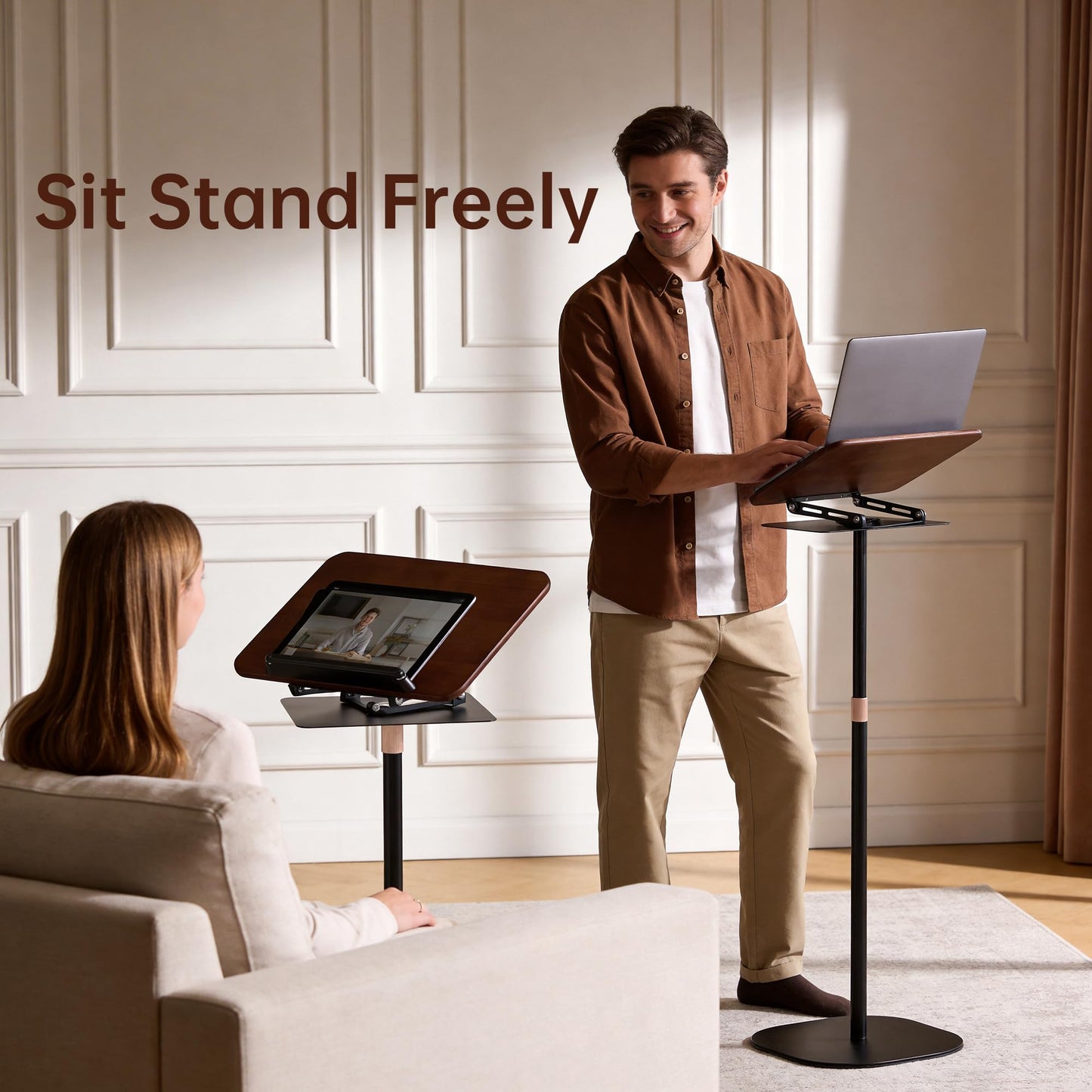 2-in-1 Floor & Desktop Book Stand, Dual-Use Height Adjustable 19"-62.2", Reading Stand Holder with 360° Rotating Base & Page Clips for Music Sheet, Laptop, Podium, Cookbook, Projector, 100% Solid Wood