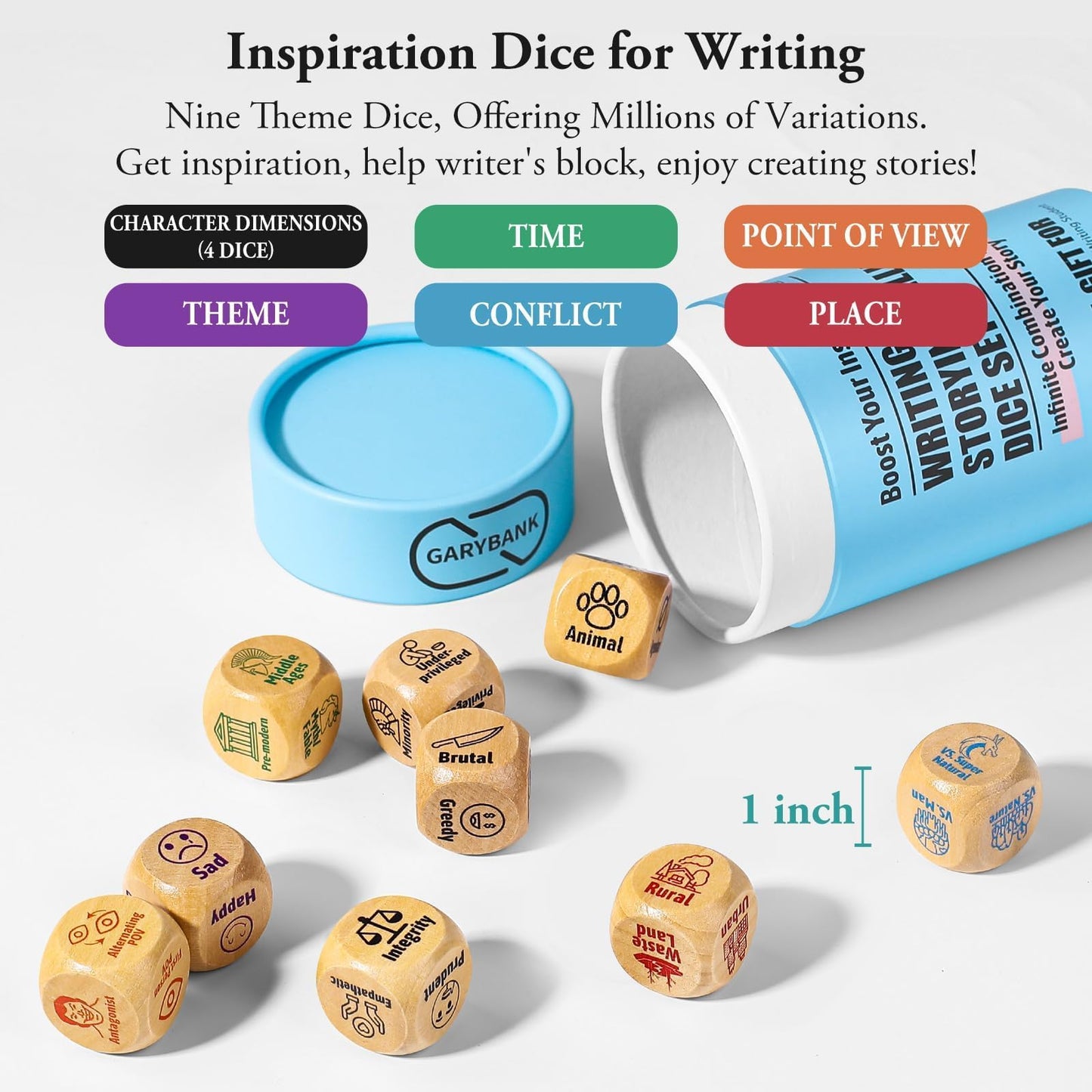 Garybank Inspiration Writing Prompt Dice - W/13 Writing Skill Cards and 200 Character & Event Cards - Storytelling Game for Kids, Writer & Teachers - Creation Set of 9 Story Cubes - Gifts for Writers