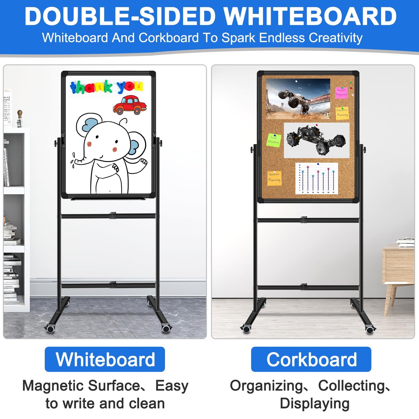 Max-officoo Double Sided Standing Corkboard and Magnetic White Board Dry Erase, 24"x36" Adjustable Height & Angle Mobile Whiteboard with Rolling Wheels