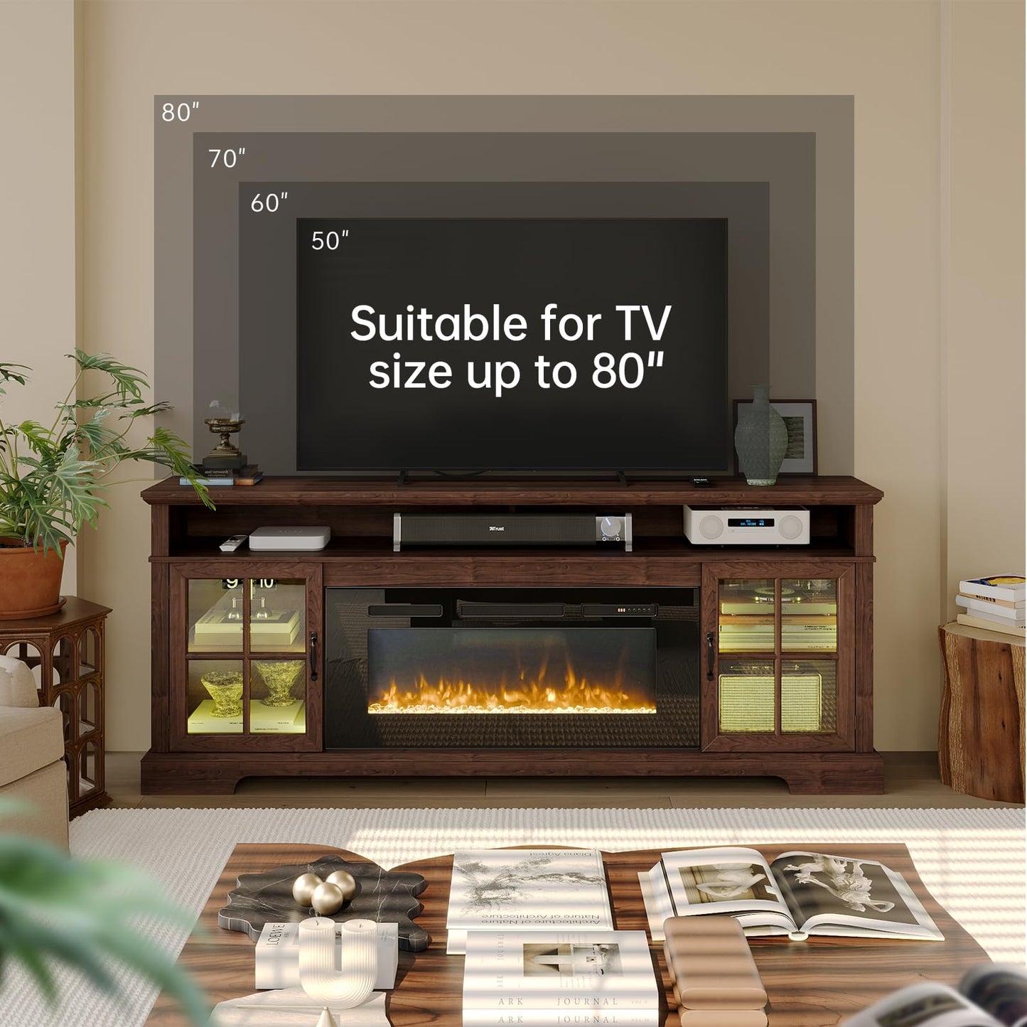 Nordivale 70" Fireplace TV Stand, Modern Entertainment Center for TVs Up to 80”, TV Console with Storage Cabinets, Media Console for Living Room, Brown TV Stand and Black Fireplace
