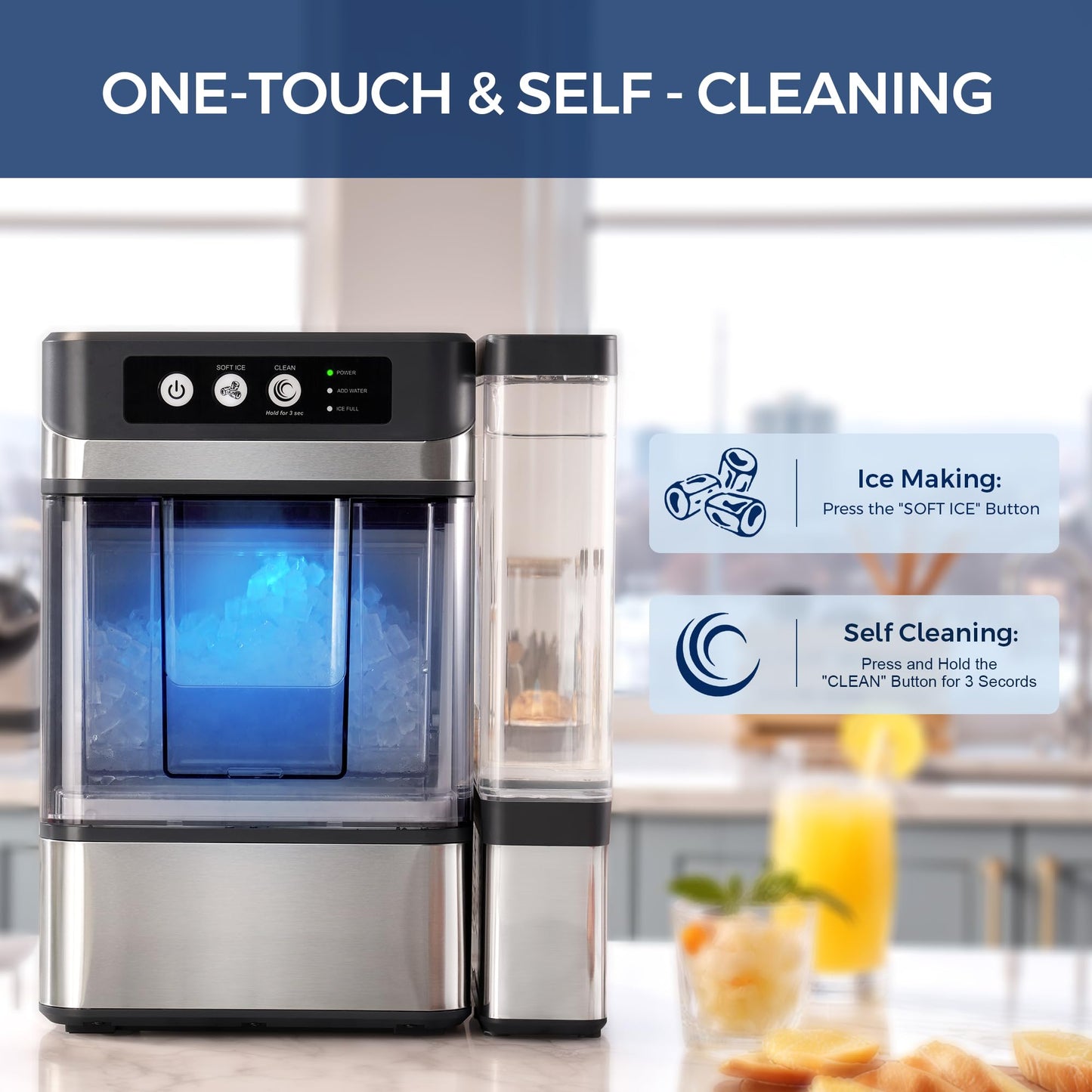 Nugget Ice Maker Countertop with 0.8Gal Removable Tank, 41Lbs/24H, One-Touch Fast Ice in 6 Mins, Self-Cleaning & Ultra Quiet for Home, Office, Party