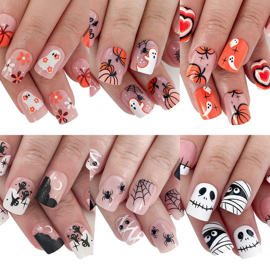 6 Packs (144 Pcs) Halloween Press on Nails Short Square Fake Nails with Designs Pumpkin Ghost Spider Glue on Nails Full Cover Glossy Acrylic Stick on Nail for Women Girls Manicure