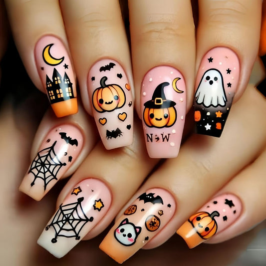 Halloween Press on Nails Full Cover Medium Coffin Fake Nails with Cute Ghost Pumpkin Stick on Nail Halloween Spider Web Bat Glue on Nail Glossy Acrylic Nails for Women Girls Manicure 24 Pcs