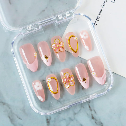 Handmade Press on Nails Medium Almond Fake Nails with 3D Gold Embossed & Flower Design Salon Quality Thickened Acrylic False Nail Full Cover Pink French Tips Stick on Nail for Women（Size M）