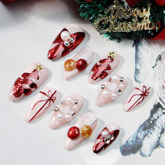 10Pcs Christmas Handmade Press on Nails Medium Almond Fake Nails with Red Xmas Trees Bow Design 3D Star Pearl False Nails Full Cover Artificial Glue on Nails Winter Santa Stick on Nail for Women DIY