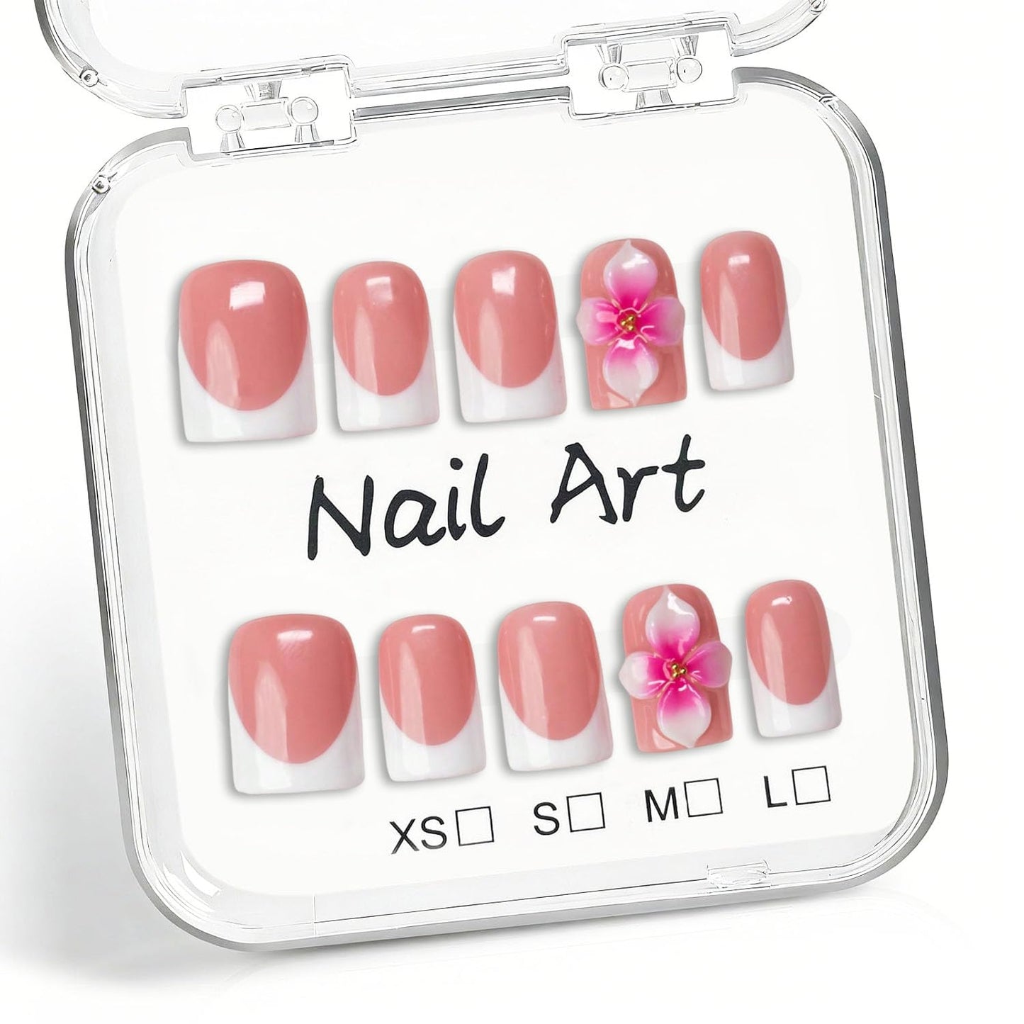 Handmade 3D Nail Art Press on Nails White French Tip Short Duck Fake Nails Flower Thick Acrylic Nails with Designs Elegant Glossy Fake Nail Sturdy Art Manicuare for Women 10Pcs (S)